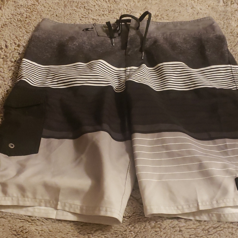 Mens O'Neill Black, White, and Grey swim trunks